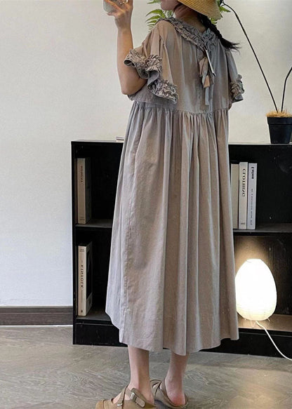 Frauen Beige Rüschen Patchwork Baumwolle Lange Kleider Sommer