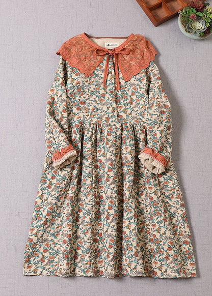 Beiges Baumwollkleid mit Rüschendruck für Damen, langärmlig