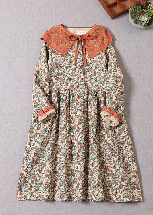 Beiges Baumwollkleid mit Rüschendruck für Damen, langärmlig