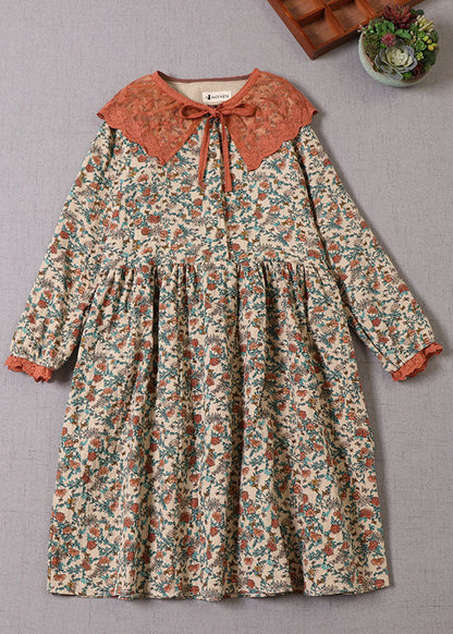 Beiges Baumwollkleid mit Rüschendruck für Damen, langärmlig