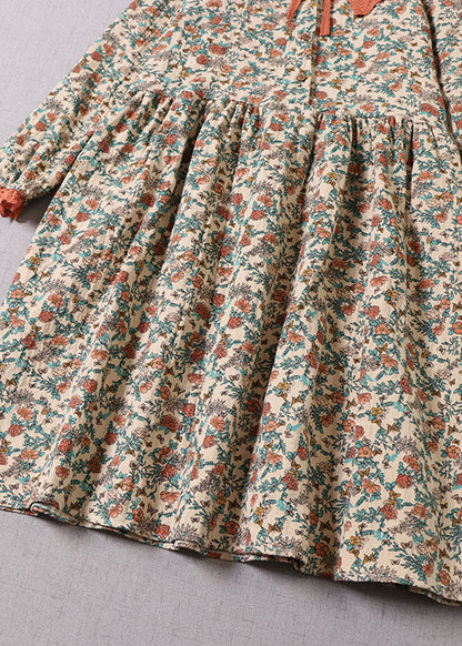 Beiges Baumwollkleid mit Rüschendruck für Damen, langärmlig