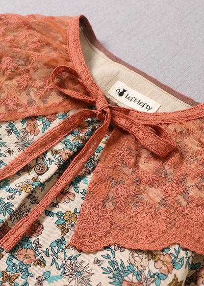 Beiges Baumwollkleid mit Rüschendruck für Damen, langärmlig