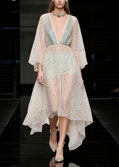 Women Beige Sequins Sheer Tulle Beach Dresses Summer