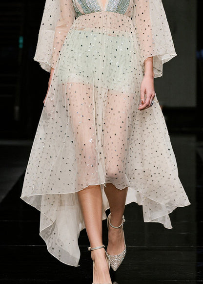 Women Beige Sequins Sheer Tulle Beach Dresses Summer