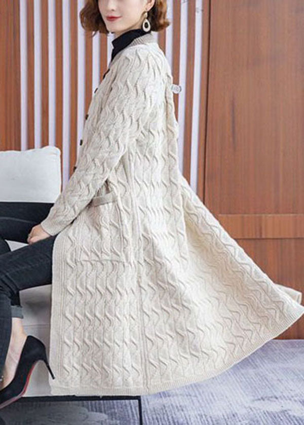 Frauen Beige Stehkragen Taschen Stricken Lange Strickjacken