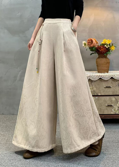 Beige Damen Fleecehose mit Quastenstickerei, warm, Winter