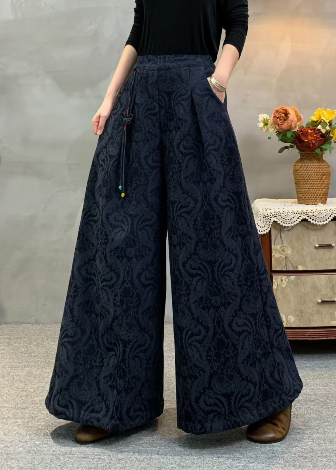 Beige Damen Fleecehose mit Quastenstickerei, warm, Winter