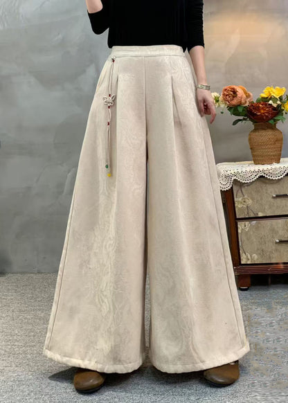 Beige Damen Fleecehose mit Quastenstickerei, warm, Winter