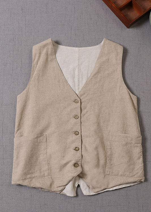 Beige Damen V-Ausschnitt Knopf Patchwork Ärmellose Tank Tops