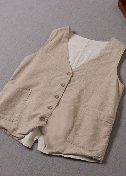 Beige Damen V-Ausschnitt Knopf Patchwork Ärmellose Tank Tops