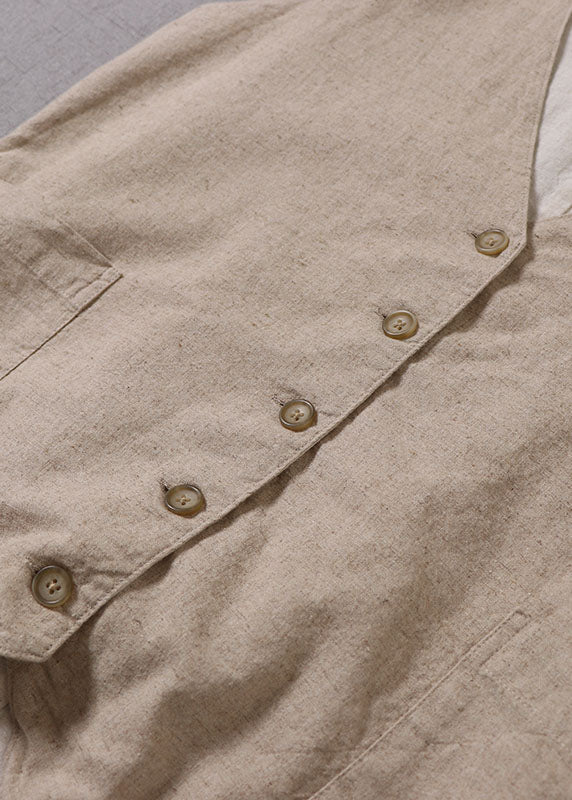 Beige Damen V-Ausschnitt Knopf Patchwork Ärmellose Tank Tops