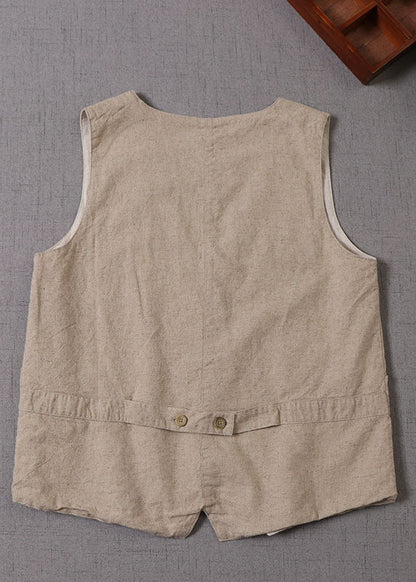 Beige Damen V-Ausschnitt Knopf Patchwork Ärmellose Tank Tops