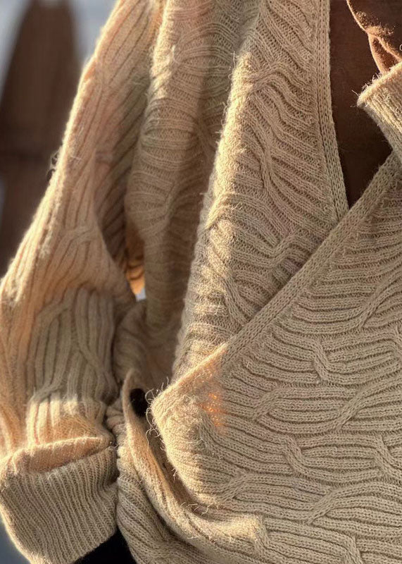 Frauen Beige V-Ausschnitt Übergroß Original Design Strickpullover Winter