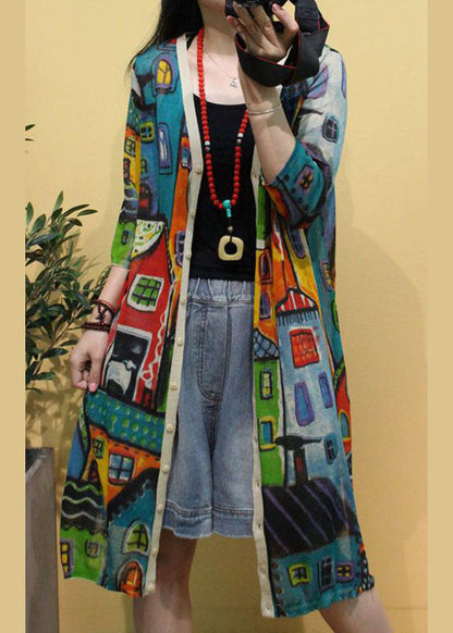 Frauen Beige V-Ausschnitt Print Seite offen Herbst Strick Langarm Strickjacken