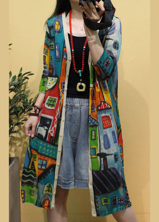 Frauen Beige V-Ausschnitt Print Seite offen Herbst Strick Langarm Strickjacken