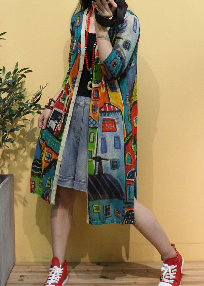 Frauen Beige V-Ausschnitt Print Seite offen Herbst Strick Langarm Strickjacken