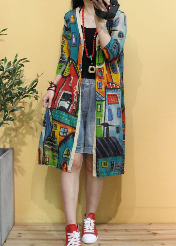 Frauen Beige V-Ausschnitt Print Seite offen Herbst Strick Langarm Strickjacken