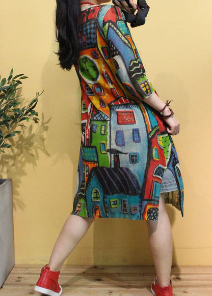 Frauen Beige V-Ausschnitt Print Seite offen Herbst Strick Langarm Strickjacken