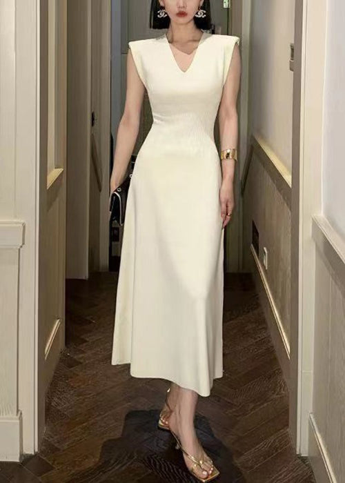 Damen Beige V-Ausschnitt Solid Cotton Lange Kleider Ärmellos