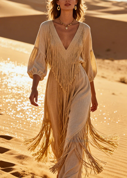 Women Beige V Neck Tasseled Cotton Long Dress Summer