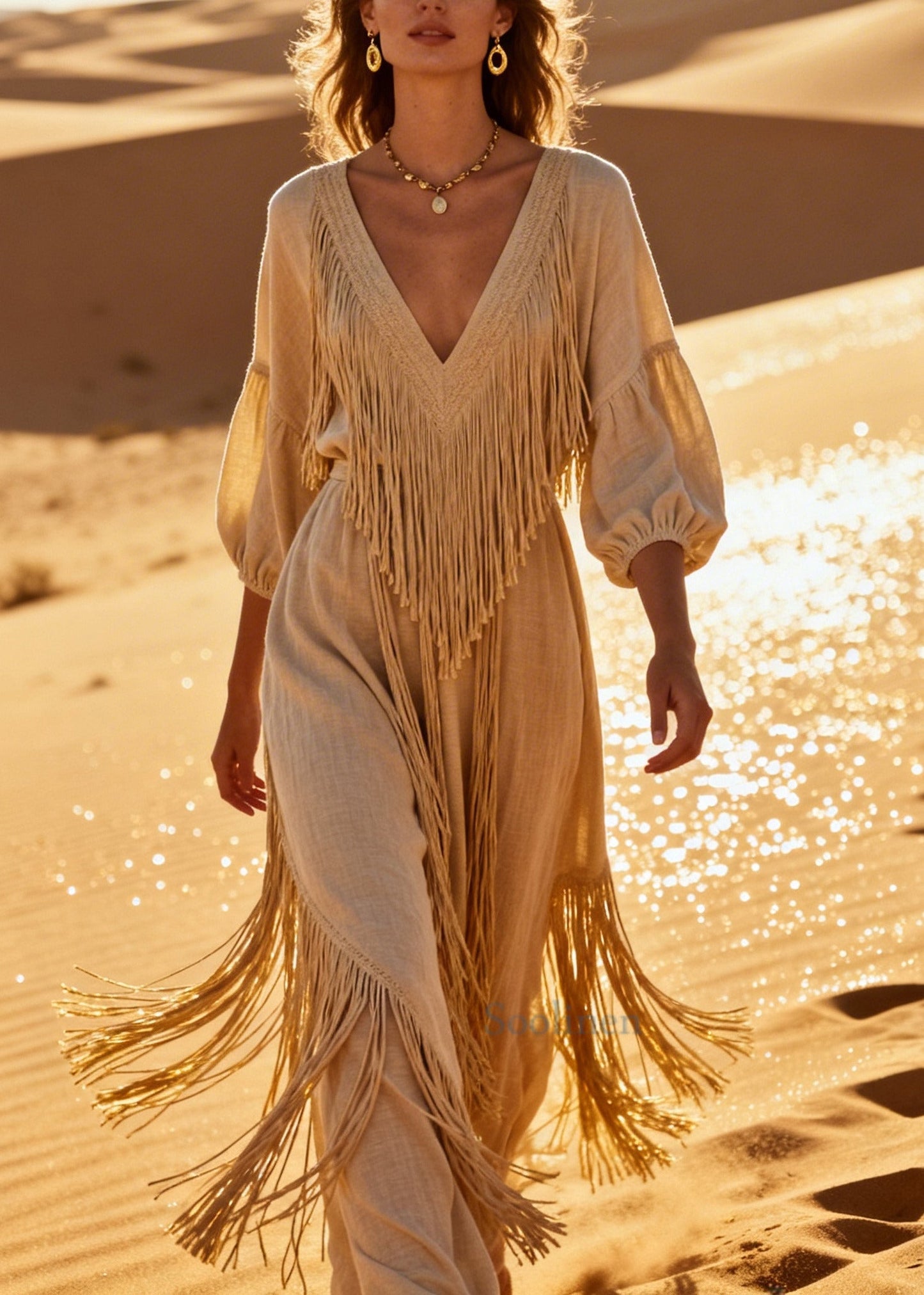Women Beige V Neck Tasseled Cotton Long Dress Summer
