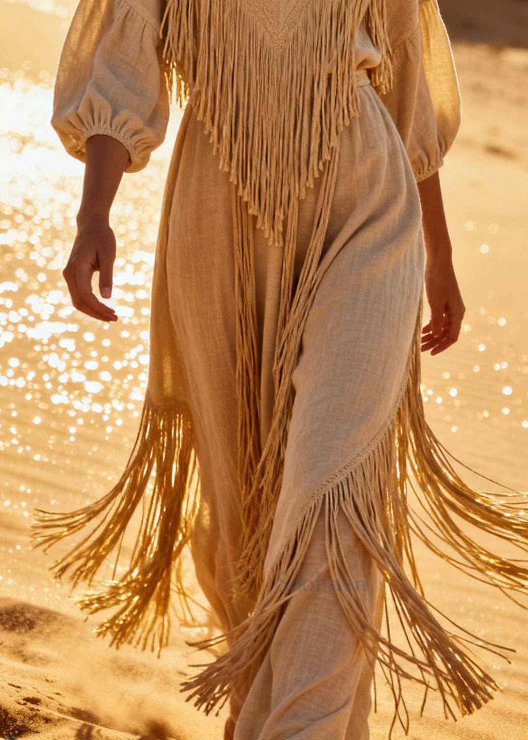 Women Beige V Neck Tasseled Cotton Long Dress Summer