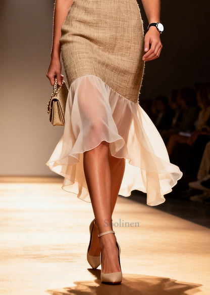 Women Beige V Neck Tulle Patchwork Linen Sundress Summer
