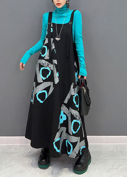 Frauen Schwarz Asymmetrische Design Patchwork Print Baumwolle Strap Kleid