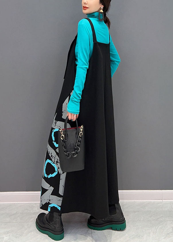 Frauen Schwarz Asymmetrische Design Patchwork Print Baumwolle Strap Kleid