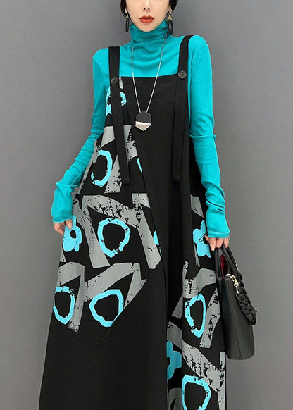 Frauen Schwarz Asymmetrische Design Patchwork Print Baumwolle Strap Kleid