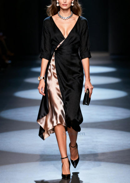 Women Black Asymmetrical Patchwork Draping Silk Dresses Summer