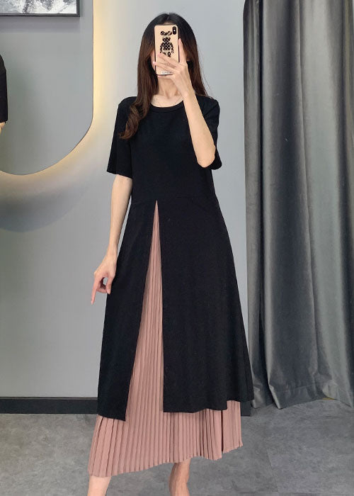 Frauen Schwarz Chiffon Patchwork seite öffnen Kleider Kurzarm