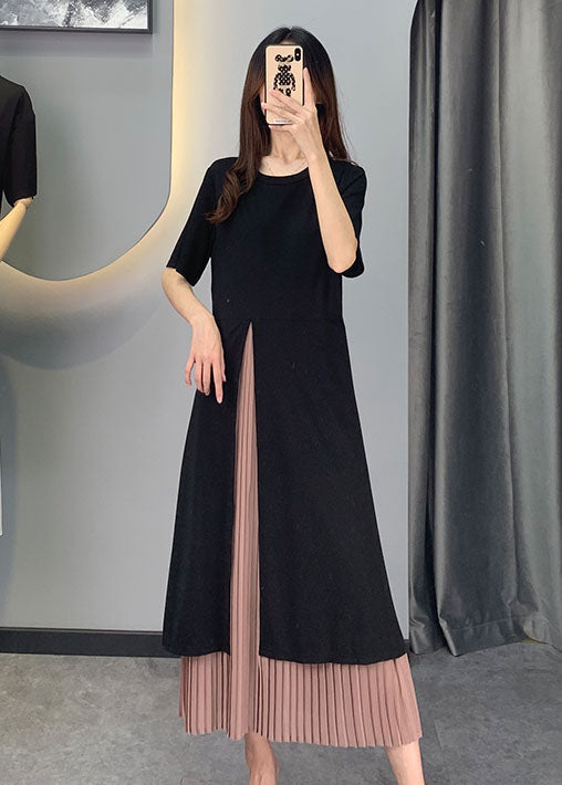 Frauen Schwarz Chiffon Patchwork seite öffnen Kleider Kurzarm