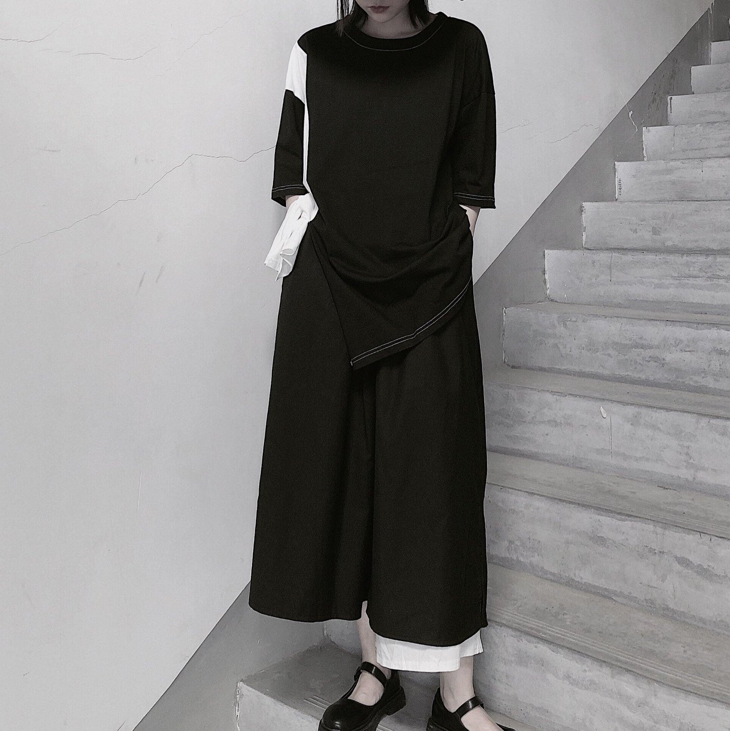 Women Black Clothes O Neck Patchwork Art Spring Blouses - SooLinen