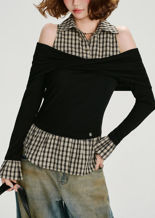 Women Black Cold Shoulder Patchwork Cotton Blouse Tops Spring