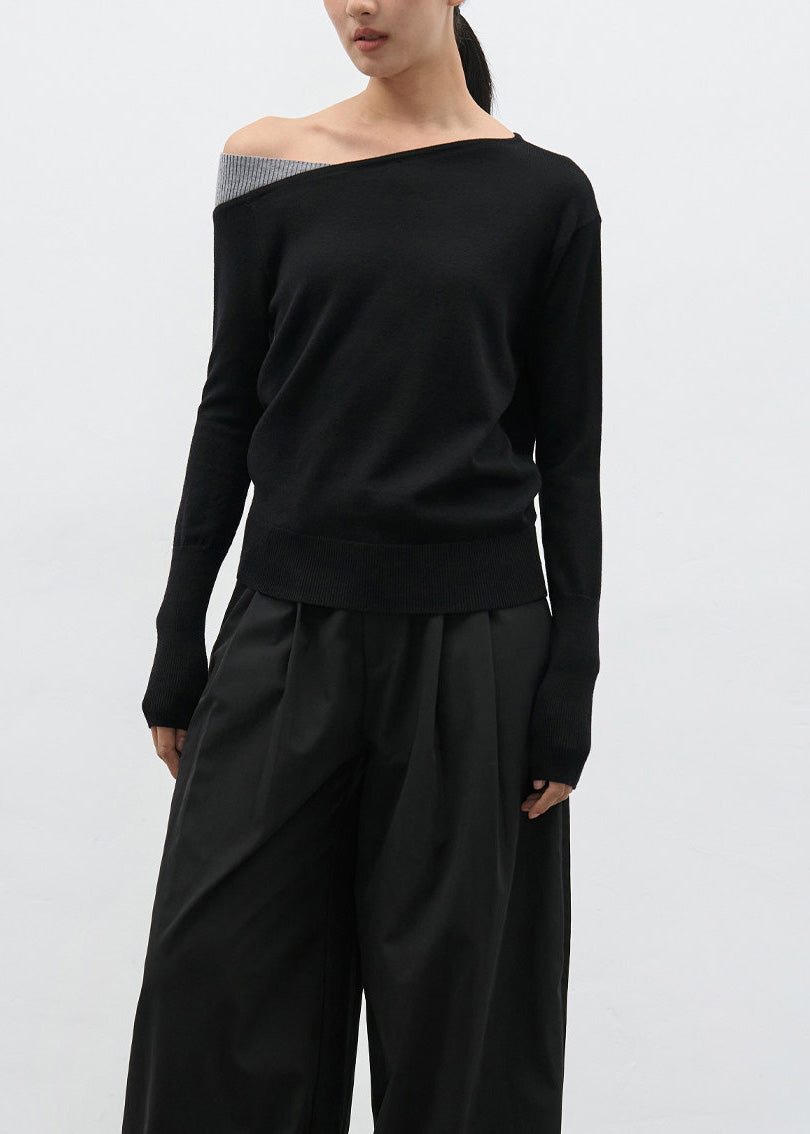 Women Black Cold Shoulder Patchwork Knit Sweaters Spring