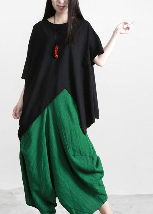Women Black Cotton O Neck Asymmetric Tee - SooLinen