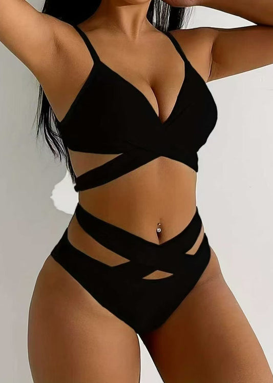 Women Black Cross Strap Swimwear Two Piece Set