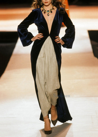 Schwarzes, tief ausgeschnittenes Patchwork-Baumwollkleid mit Patchwork-Muster für Damen, Frühling