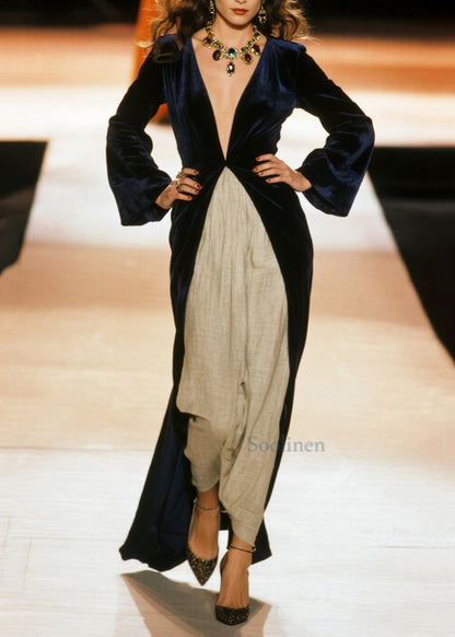 Schwarzes, tief ausgeschnittenes Patchwork-Baumwollkleid mit Patchwork-Muster für Damen, Frühling