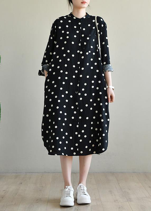 Women Black Dot Button Spring Maxi Dress - SooLinen