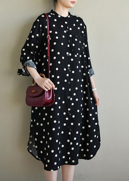 Women Black Dot Button Spring Maxi Dress - SooLinen