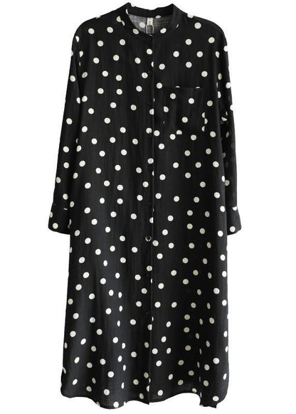 Women Black Dot Button Spring Maxi Dress - SooLinen