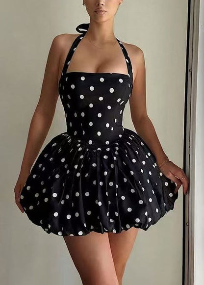 Women Black Dot Halter Backless Chiffon Mini Dress Summer