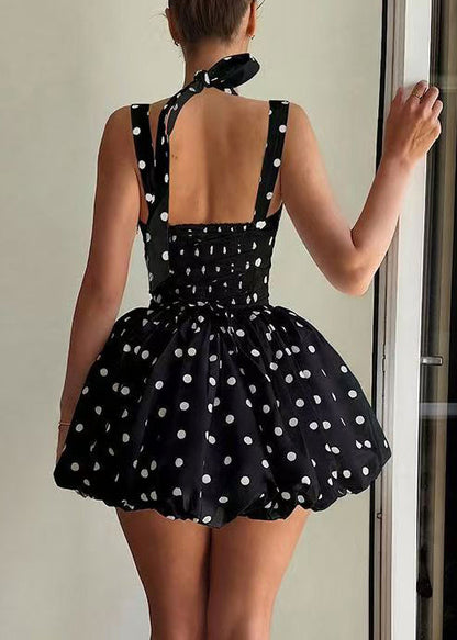 Women Black Dot Halter Backless Chiffon Mini Dress Summer