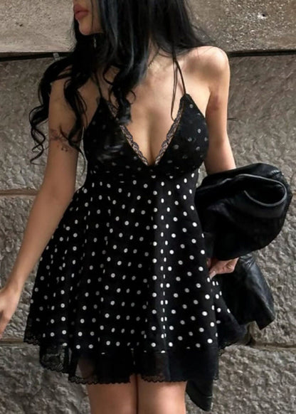 Women Black Dot V Neck Patchwork Lace Tea Dresses Summer