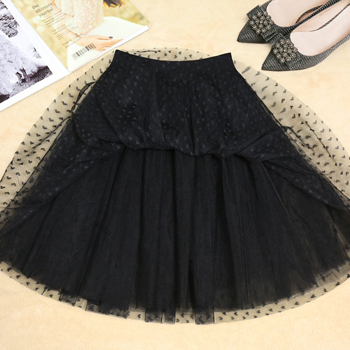 Women Black Dot tulle Box Pleats Skirts Summer