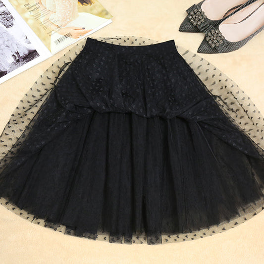 Women Black Dot tulle Box Pleats Skirts Summer
