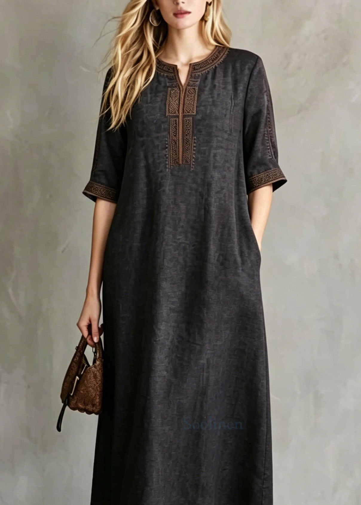 Women Black Embroidered Button Silk Maxi Dresses Summer