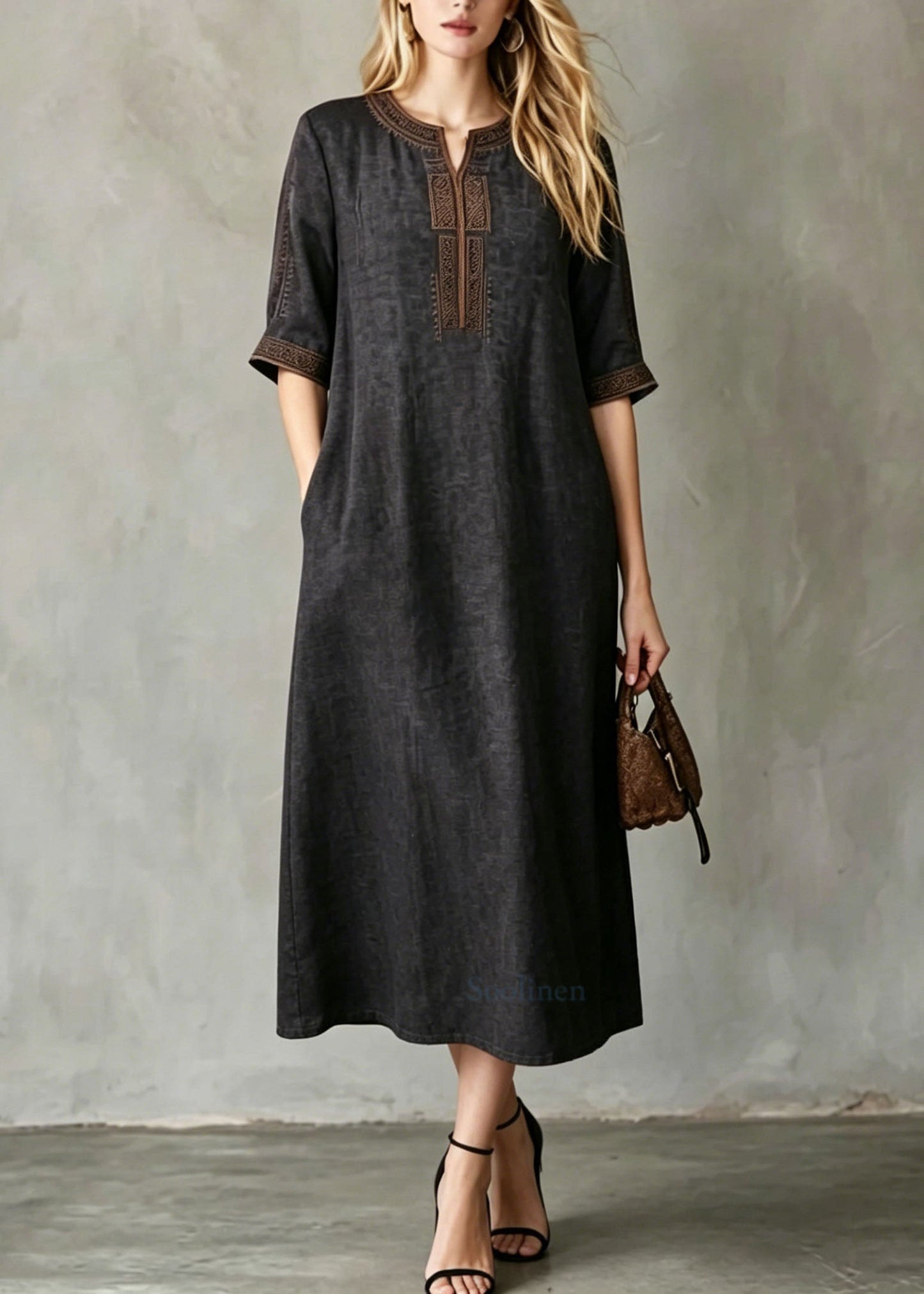 Women Black Embroidered Button Silk Maxi Dresses Summer